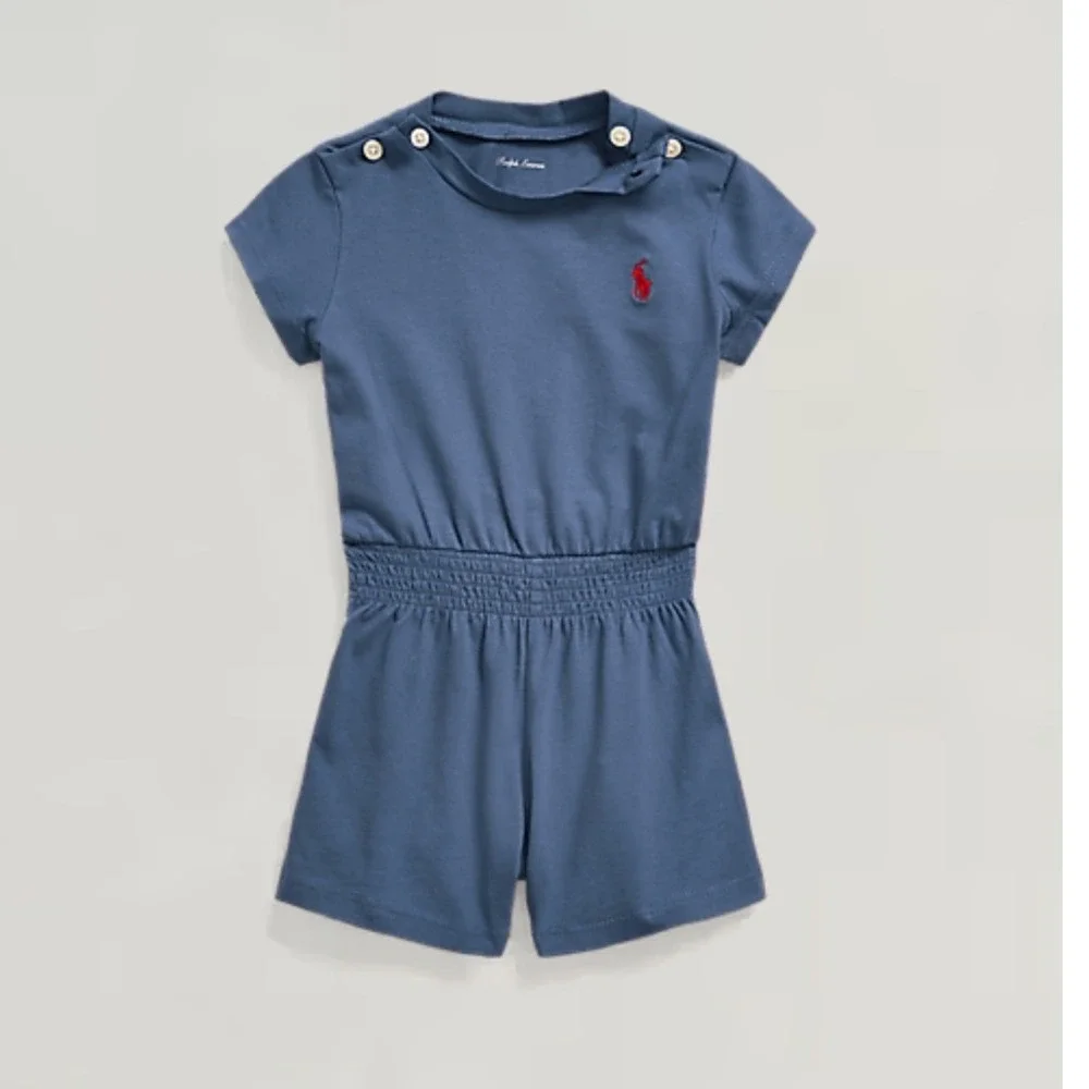 Ralph‎ Lauren Baby Girls Blue Cotton Red Pony Cap Sleeve Playsuit Romper 12M